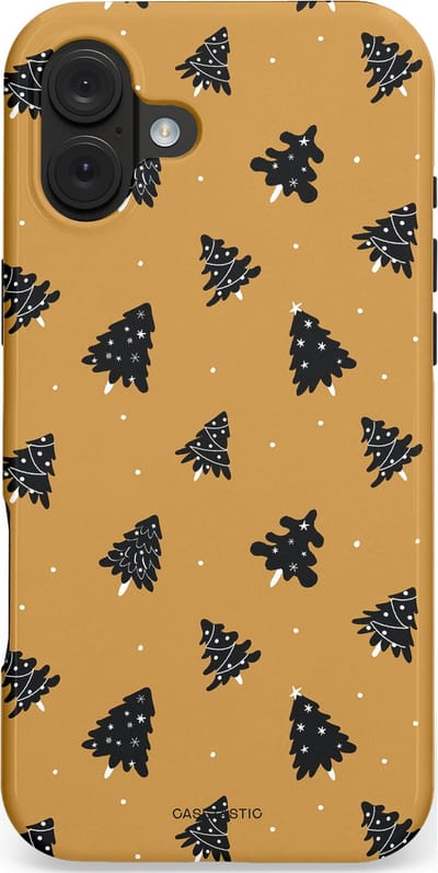 Casetastic hoesje geschikt voor Apple iPhone 16 Plus - MagSafe - Dubbellaagse bescherming - Zwarte Kerstboom Feest - Fashion Case - Goud Donkergrijs Taupe