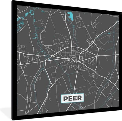 Fotolijst incl. Poster - België – Peer – Stadskaart – Kaart – Blauw – Plattegrond - 40x40 cm - Posterlijst