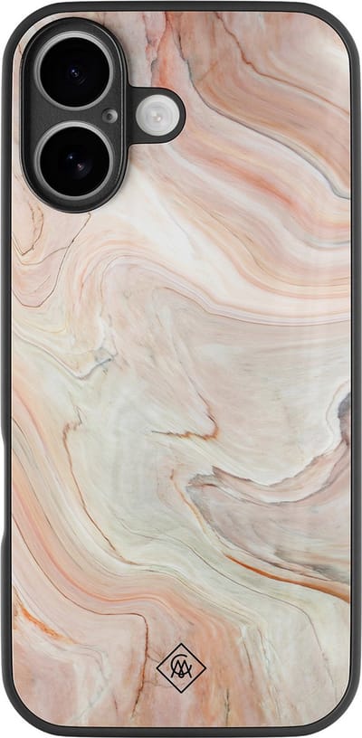 Casimoda® hoesje - Geschikt voor iPhone 16 - Marmer Waves - Luxe Hard Case Zwart - Backcover telefoonhoesje - Bruin/beige