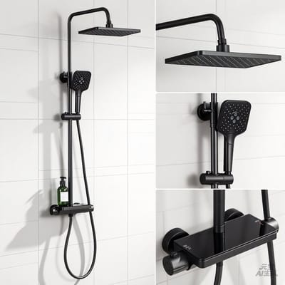 Auralum Max Regendouche met Thermostaatkraan - 10 inch Douchekop - 3 Stralen Handdouche - Inclusief planchet - Zwart Doucheset - Verstelbare Hoogte 88-125 cm - Waterbesparend - Zwart