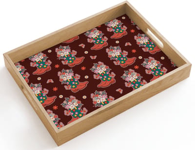 Dienblad hout 40x30 cm - Schootdienblad - Donker - Cowboy - Laars - Patroon - Borrelplank rechthoek - Plateau dienbladen