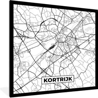 Fotolijst incl. Poster Zwart Wit- België – Kortrijk – Stadskaart – Kaart – Zwart Wit – Plattegrond - 40x40 cm - Posterlijst