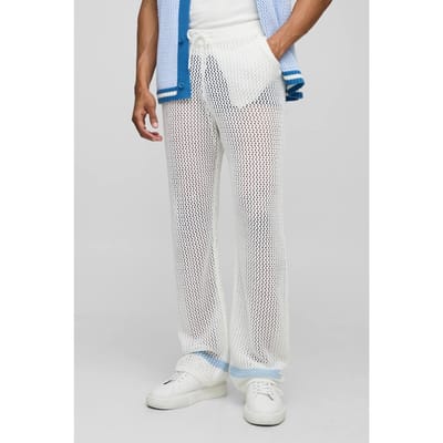 Relaxed Fit Open Stitch Stripe Detail Gebreide Joggers | White | Size Small
