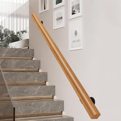 Houten trapleuning - Steun voor trap - Veilig traplopen - Massief hout design - 90 cm - Naturel