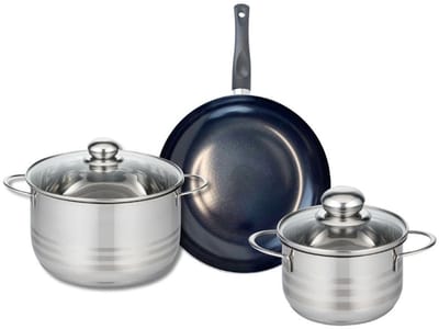 Set van 1 Koekenpan 24 cm en 2 kookpotten 16 en 20 cm Elo Prima Glanzend