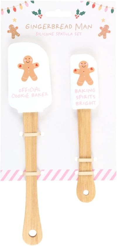Gingerbread Man Spatelset – 2-delig Pannenlikker Set (Volwassene & Kind) – Kerst Bakspullen – Siliconen Spatels met Bamboe Handvat – Sugarplum Fun