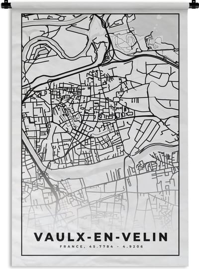 Wandkleed - Wanddoek - Kaart - Stadskaart - Frankrijk - Vaulx-en-Velin - Plattegrond - Zwart wit - 120x180 cm - Wandtapijt