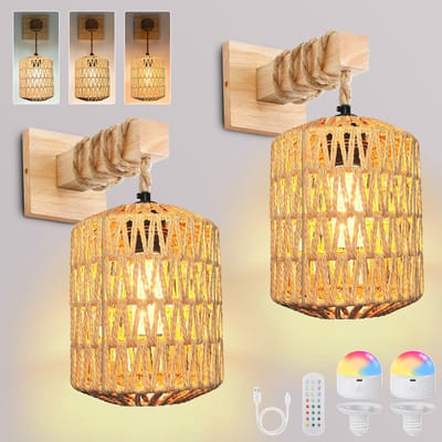 Rosnek Set van 2 Oosterse Wandlamp Lantaarn Dimbaar - Rotan Look - Draadloos- Met Afstandsbediening & RGB Kleuren - Sfeerverlichting Bruin (Japandi Stijl)