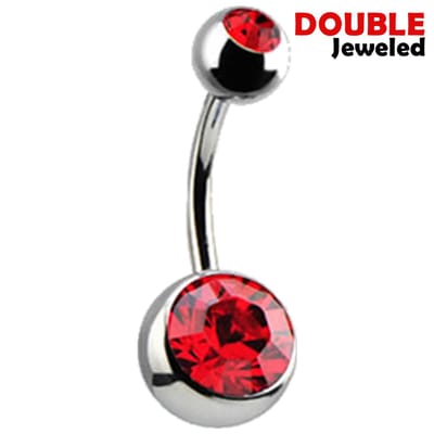 Navelpiercing - Chirurgisch staal - met rode zirkonia stenen - Double Jeweled