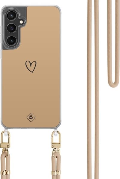 Casimoda® hoesje met koord - Geschikt voor Samsung S24 FE - Hart Bruin - Afneembaar koord - TPU/polycarbonaat - Bruin/beige