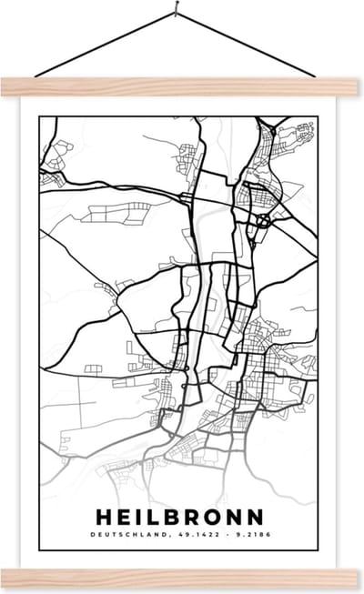 Posterhanger incl. Poster 40x60 cm - Schoolplaat - Kaart - Heilbronn - Plattegrond - Stadskaart - Textielposter - Blanke latten - Stadskaart