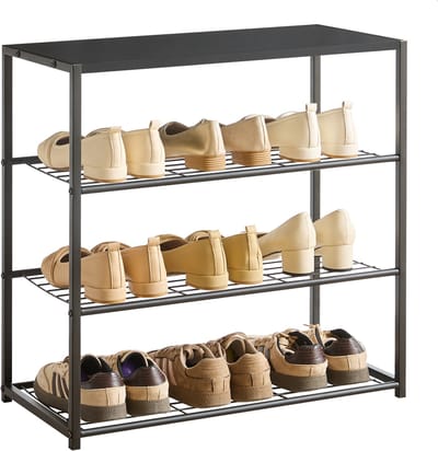 ACAZA Schoenenrek - Schoenenkast - 3 Lagen - Voor 9 Paar Schoenen - 63 x 63 x 30 cm - Metaal met Hout - Zwart
