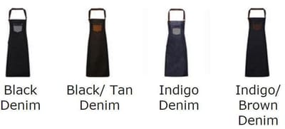 Premier Division - Waxed look denim bib apron with faux leather PR136 - Indigo / Brown Denim - One size
