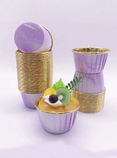 30 Stuks Muffin Cupcake Bakvormen – Luxe Papieren Bak Vormpjes – Paars / Goud / Marmer