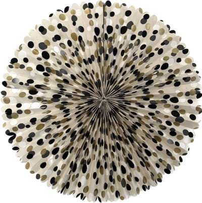 Luna-Leena duurzame rosette eco-papier met stippen print - 55øcm - gebroken wit met stippen in goud, zwart, grijs, wit - opvouwbaar - handgemaakt in Nepal - dots - party - kerst - papieren waaier - kerstversiering - muurhanger - kerstcadeau