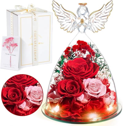 Eeuwige Rozen - Bloemen Decoratie - Cadeau Geven - Met Engel Figuur - 3 Rozen - Rood