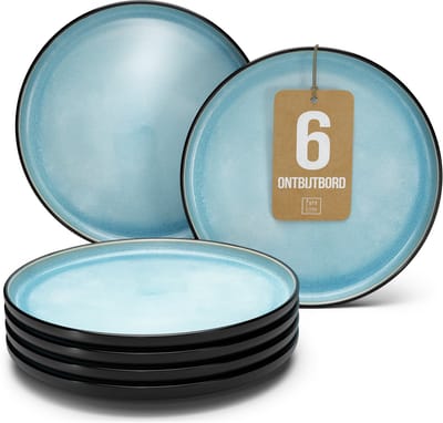 Pure Living Ibiza Dark Set Van 6 Dessertborden - Ø 20 cm - Aquamarijn - Aardewerk - Vaatwasserbestendig - Magnetronbestendig