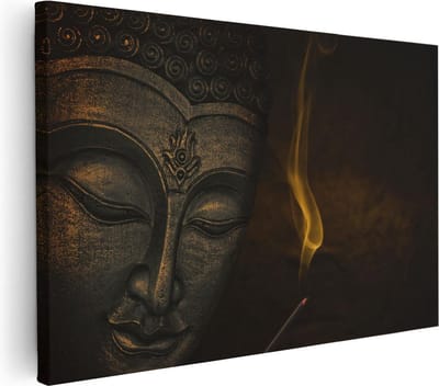 Artaza Canvas Schilderij Boeddha Hoofd - 30x20 cm - Klein - Muurdecoratie Spiritueel - Wanddecoratie Woonkamer - Kamer Accessoires