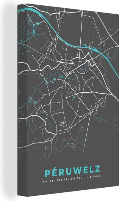Canvas Schilderij Stadskaart – Grijs - Kaart – Péruwelz – België – Plattegrond - 20x30 cm - Wanddecoratie