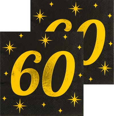 Paperdreams Verjaardag feest servetten - leeftijd 60 jaar - 32x stuks - zwart/goud - sterren - 33 x 33 cm