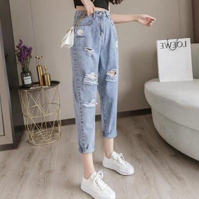 Dunne Geborduurde Kleine Madeliefje Gescheurde Jeans voor Dames In Lente en Zomer Koreaanse Nieuwe Losse Hoge taille Negenpunts Papa Broek 2XL gray