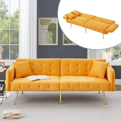 MODFU 2-Zits Slaapbank - Verstelbare Rugleuning En Armleuningen - Modern - Voor Woonkamer - Velours - Geel - 215 X 81,5 Cm