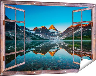 Gards Tuinposter Doorkijk Berg Assiniboine bij het Meer in Canada - 120x80 cm - Tuindoek - Tuindecoratie - Wanddecoratie buiten - Tuinschilderij