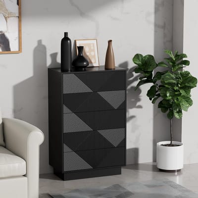 UEV ladekast met 5 laden, speciaal gegraveerd oppervlak met zijdezachte touch, grote opbergruimte, lade met drukknop, voor woonkamer en slaapkamer, 60 x 33,5 x 94 cm, zwart