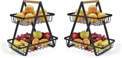 Aurixi® Fruit etagere - Fruitmand 2 Laags - Fruitschaal - Bamboe Hout en Metaal - Staande Fruitmand Etagere - Aardappelbak - Aanrecht Organiser - Fruitkistje- Zwart - ‎24x 30x 30 cm; 1.13 kg
