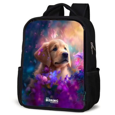 NoBoringSuitcases.com® - Rugzak zwart - Schooltas jongen & meisje - Jonge hond tussen felgekleurde bloemen - Rugtas voor school - Boekentas kind - Schoolrugzak - Kinderrugzak