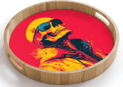 Dienblad rond 40x40 cm - Schootdienblad hout - Zonnebril - Schedel - Jas - Rood - Borrelplank rechthoek - Plateau houten dienbladen