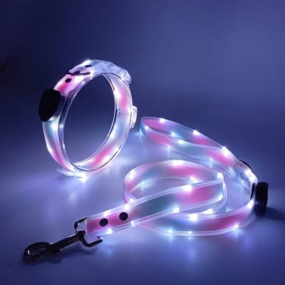 Lichtgevende halsband-nachtzicht-verloren voorkomen-hondentuig-hoog helderheid-hondenriem-huisdieraccessoire—Roze-blauwe halsband + riem