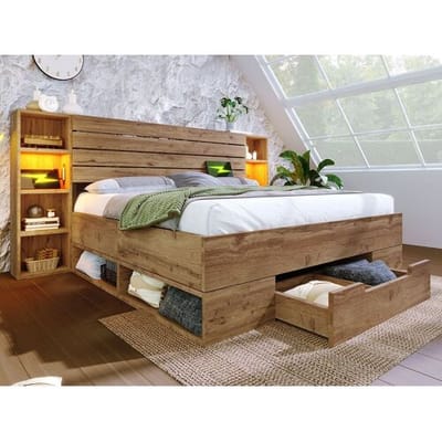 ModernLuxe Volwassen bed 160×200cm in hout + MDF - met leeslampje + oplaadpunten - met lattenbodem - Naturel