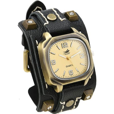 Retro Punk Hip-Hop Stijl Heren Quartz Horloge - Klinknagel Koeienhuid Leren Band, Verstelbaar Handgestikt beige