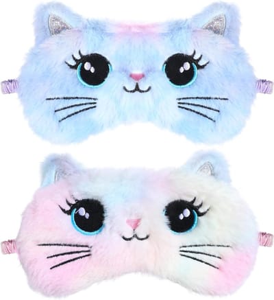 2 Stuks 3D Pluche Slaapmasker voor Kinderen, Zacht en Fluffy Oogmasker voor Naps en Reizen, Geschikt voor Meisjes en Jongens, Leuke Ontwerpen (Kat, Regenboogkleuren)