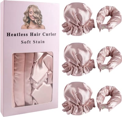Hittevrije Krulband van Satijn – 3-delige Curling Rod voor Krullen zonder Hitte – Overnight Haar Kruller - Champagnekleur