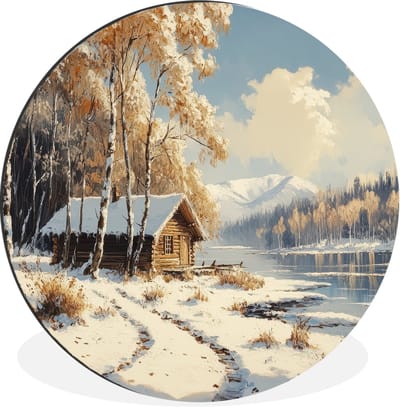 WallCircle - Wandcirkel - Muurcirkel - Winter - Sneeuw - Huis - Natuur - Aluminium - Dibond - 120x120 cm - Binnen en Buiten XXL