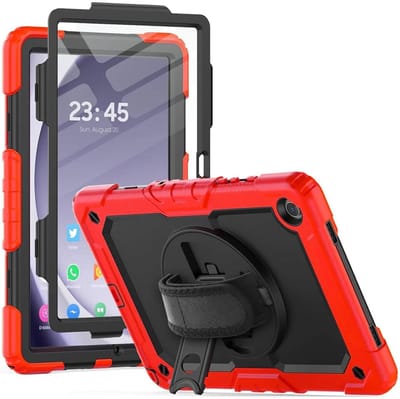 Hoes met ingebouwde Screenprotector Geschikt voor Samsung Galaxy Tab A9 | Inclusief 360° Draaibare Handriem en Schouderriem | Extreme bescherming | Ideaal voor zakelijk gebruik | Rood