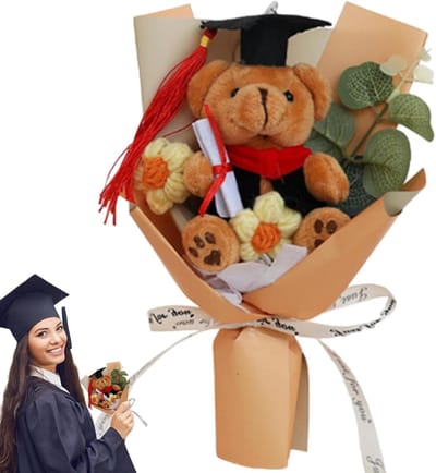 Boeket Beer - Handgemaakt Cadeau - Afstuderen Vieren - Zijden Bloemen - 25 cm - Geel