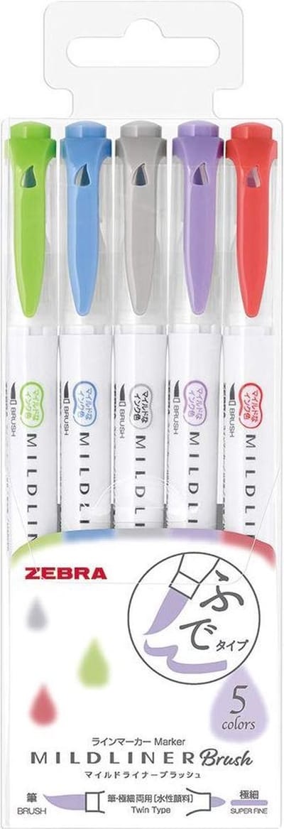 Zebra Mildliner Brush : Verfijnd - 5 stuks - Brush + Stift - Bullet journal - JP