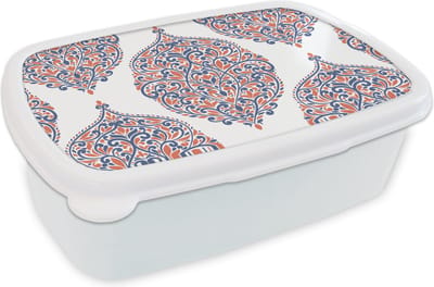 Broodtrommel Wit - Lunchbox - Brooddoos - Patronen - Blauw - Oranje - 18x12x6 cm - Volwassenen