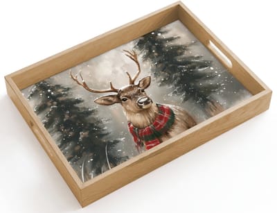 Dienblad hout 40x30 cm - Schootdienblad - Winter - Bos - Rendier - Donker - Borrelplank rechthoek - Plateau dienbladen