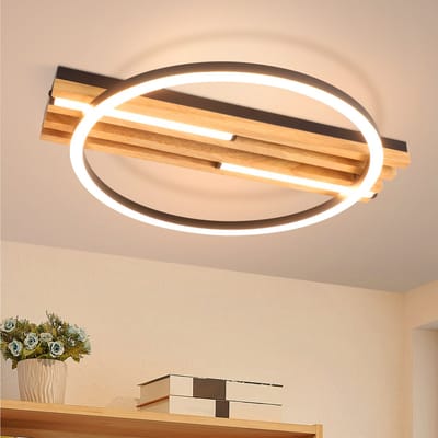 NETTLIFE LED Plafondlamp Hout - 38cm Modern 24W 3000K Zwart Rond Warmwit Design - Voor Slaapkamer Keuken Woonkamer Gang Kantoor & Eetkamer - Zonder Lampen