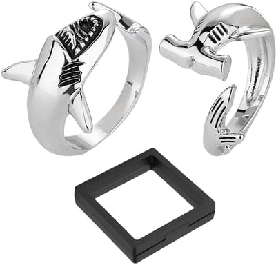 Dailygoods- Haaienring Verstelbaar - Set van 2 - Zinklegering - Sieradendoos - Sieradenaccessoires - Cadeau voor Mannen/Vrouwen - Sieradenring