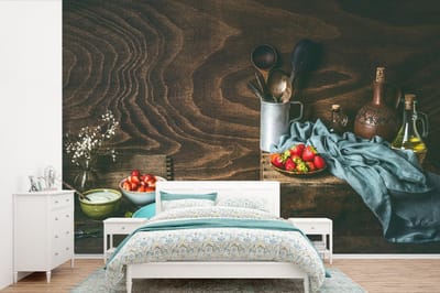 Behang - Fotobehang Rustiek - Fruit - Keukengerei - Aardbei - Breedte 525 cm x hoogte 350 cm