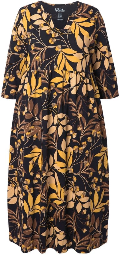 Ulla Popken - Dames - Jersey maxi-jurk A-lijn tuniekhals 3/4-mouwen - Zwart - Maat 66+