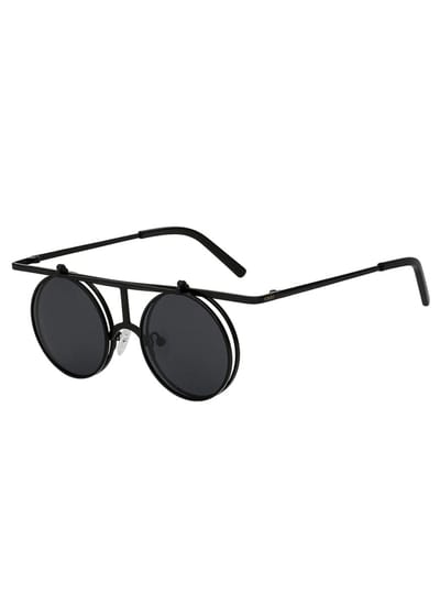 KIMU® Ronde Zonnebril Steampunk Flip Up - Zwart Montuur Rond - Zwarte Glazen - Vintage Retro Opklapbaar Festival