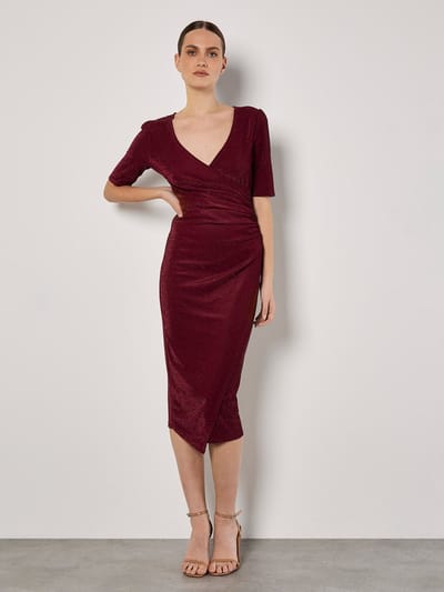 Metallic Wrap Ruched Midi Dress
