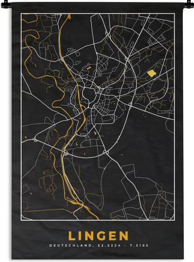Wandkleed - Wanddoek - Lingen – Stadskaart – Gold – Plattegrond – Stadskaart – Kaart - Duitsland - 120x180 cm - Wandtapijt