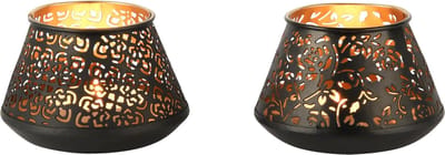 Dekoratief | Theelichthouder 'Lush', zwart/goud, metaal, 10x10x7cm, set van 2 stuks | A248077